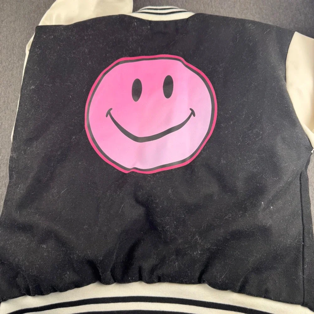 Justice Sport Girls Varsity Jacket Black White Pink Smiley Face Size S 7/8
